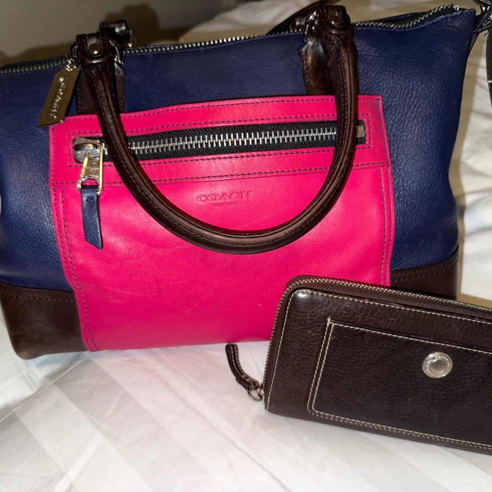 Coach Pink, Blue & Brown Satchel with Brown Zip around Wallet